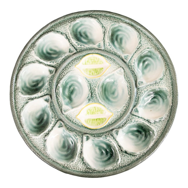 Large Antique French Saint Clément Majolica Green & Yellow Lemon Wedge Oyster Platter For Sale