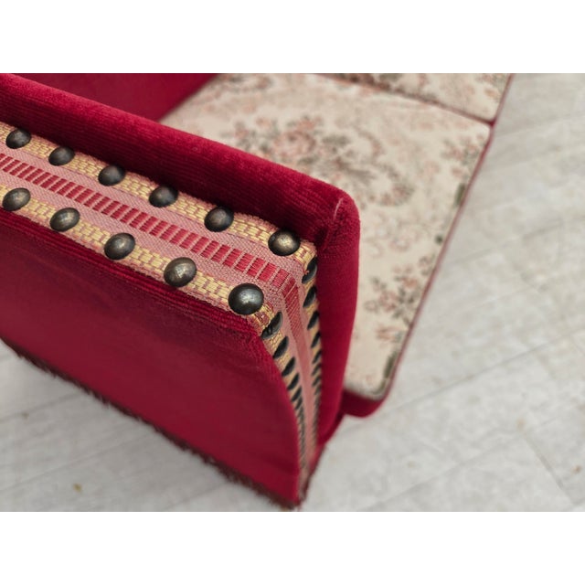 Red Danish Three-Seater Drop Arm Spanish Sofa in Red Furniture Velour, 1970s For Sale - Image 8 of 18