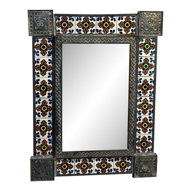 Mexican Tin & Tile Wall Mirror For Sale