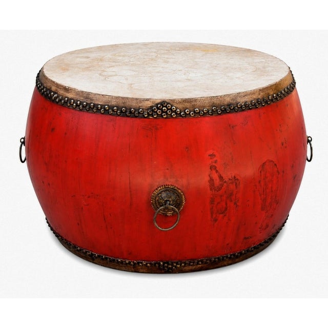 Monumental Antique 48" Chinese Ceremonial Drum Red Lacquered For Sale - Image 9 of 18