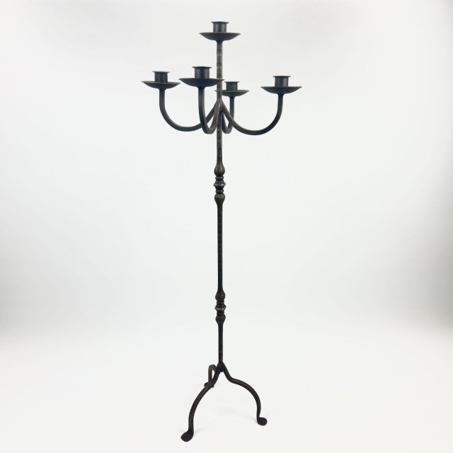 Hand Forged Iron Floor Candelabra 48.5″ (123cm) Antique Copper or Gold Patina 3-Arm Royal Scroll Candle Holder Decor For Sale - Image 10 of 12
