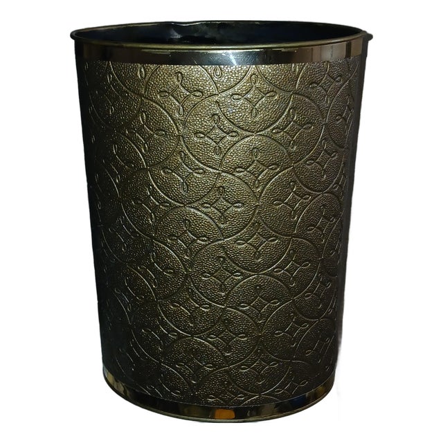 Vintage Brass and Gold Tone Quilted Oval Wastebasket Trash Can For Sale