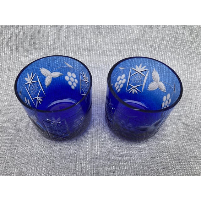 Antique Cobalt Blue Cut Crystal Bohemian Glasses- a Pair For Sale In New York - Image 6 of 11