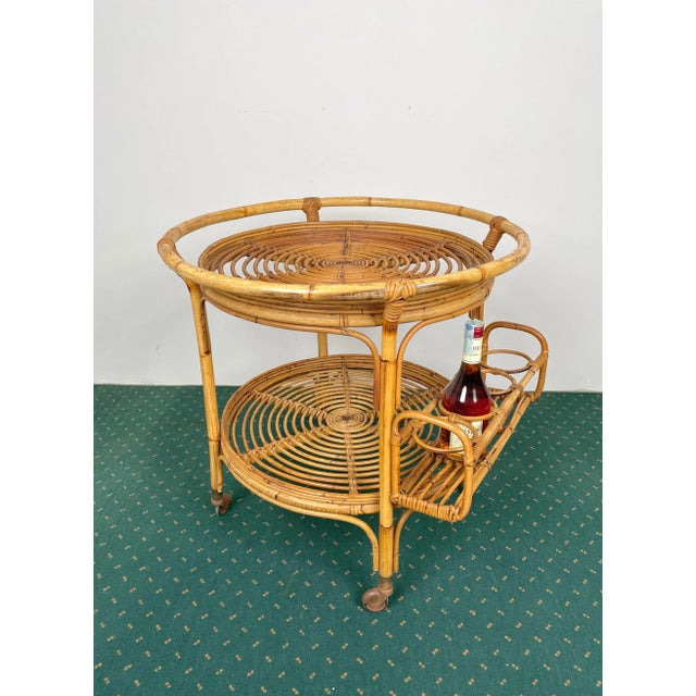 Bamboo & Rattan Round Serving Bar Cart Trolley, Italy, 1960s For Sale - Image 10 of 15