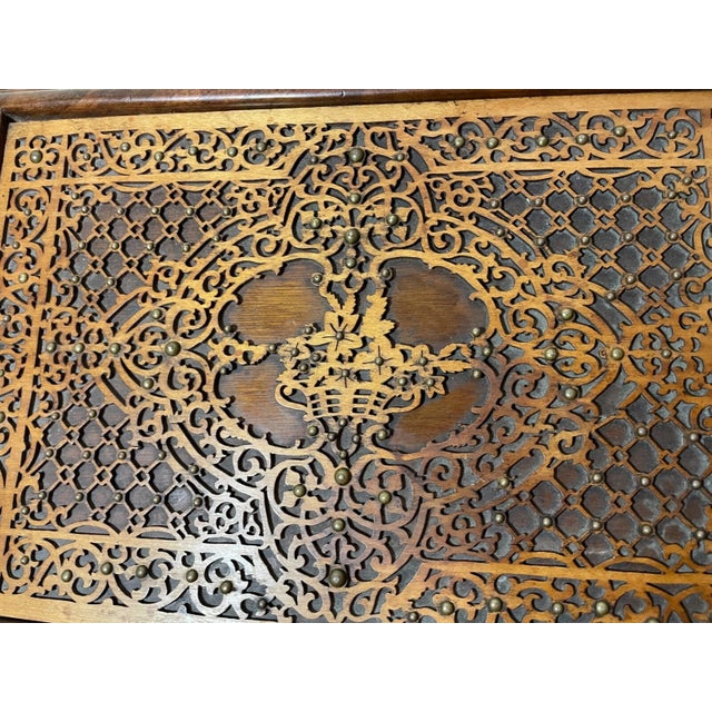 High Quality 1800's Antique Handmade Carved Wood Ornate Brass Jewelry Box Casket For Sale - Image 9 of 16