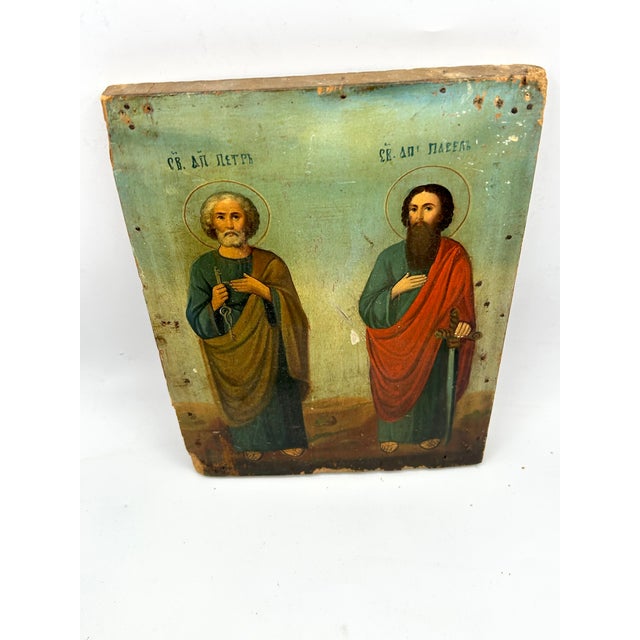Blue 19th-Century Icon Painting of Saints Peter and Paul, Oil on Wood For Sale - Image 8 of 18
