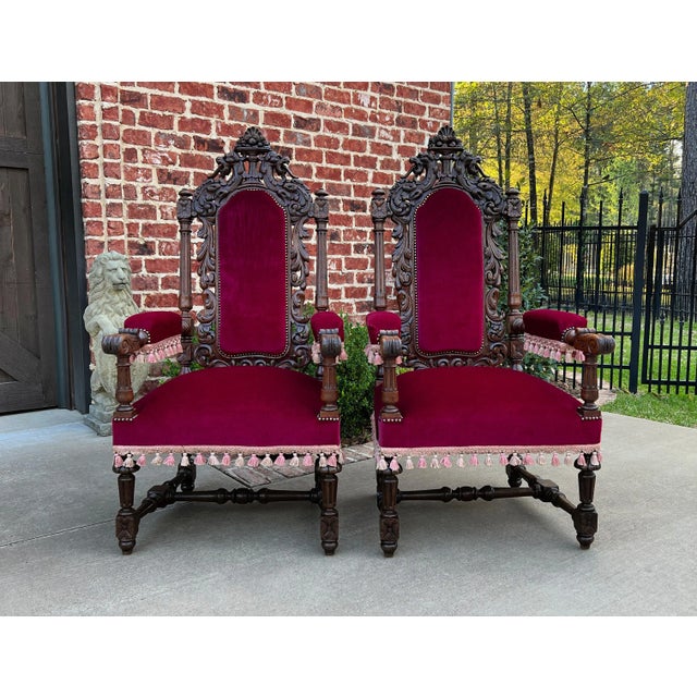 Antique French Pair Arm Chairs Fireside Throne Chairs Large Red Upholstery 19thC For Sale - Image 9 of 13