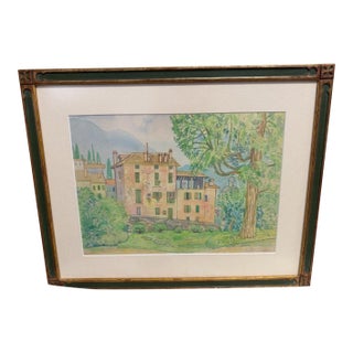 Italian Village Landscape Pastel in Decorative Green and Gilt Frame For Sale
