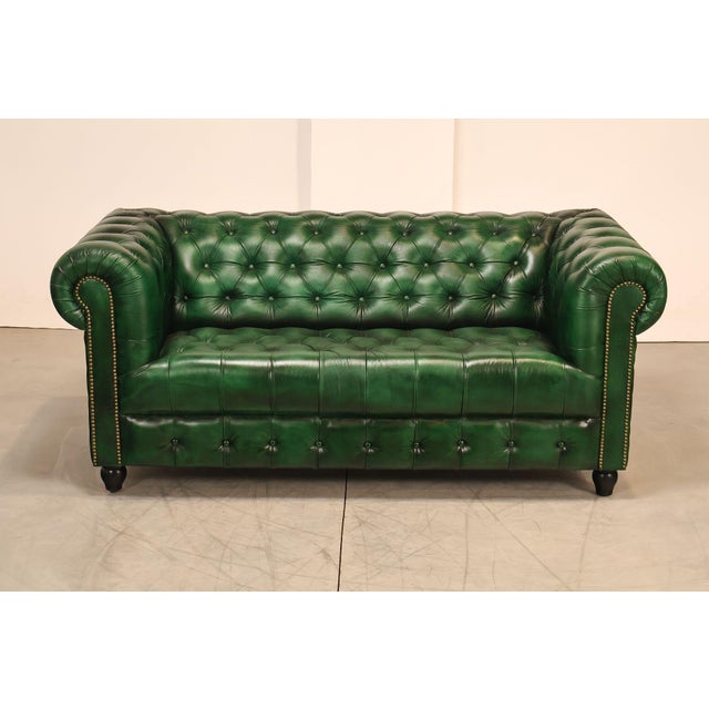 Chesterfield Style Green Leather Sofa For Sale - Image 12 of 16
