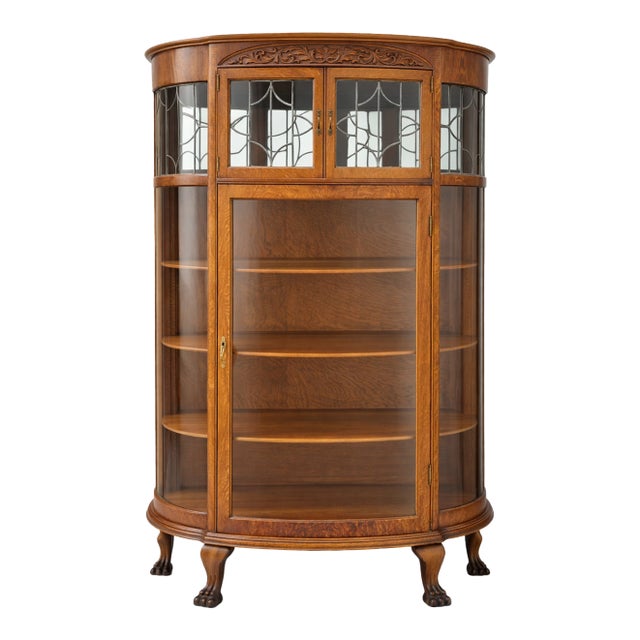 Antique Victorian Oak Bowed Curved Glass China Cabinet With Leaded Glass & Claw Feet 1900s For Sale