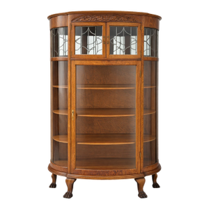 Antique Victorian Oak Bowed Curved Glass China Cabinet With Leaded Glass & Claw Feet 1900s