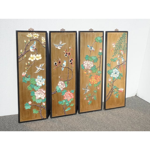 Chinoiserie Vintage 1940s Oriental Asian Coromandel Chinoiserie Gold Four Panel Screen with Floral Bird For Sale - Image 3 of 13