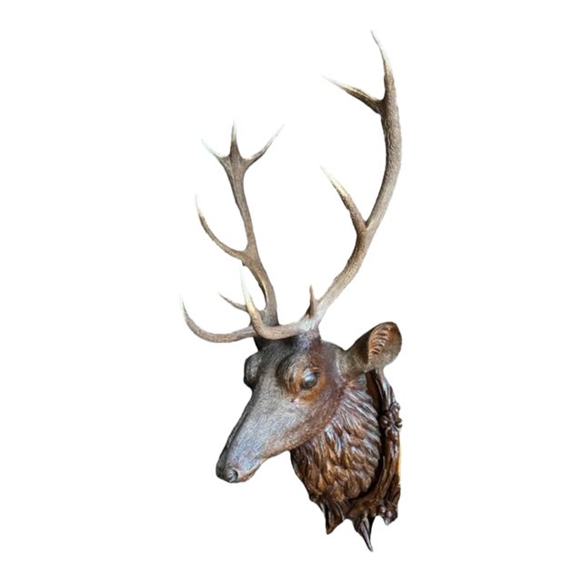 Antique Black Forest Stag Deer Head Wood Carved Sculpture Carving For Sale