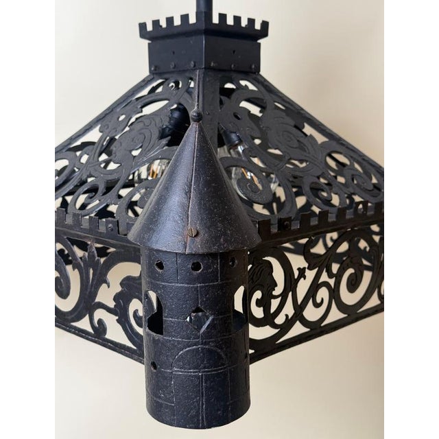 Antique Gothic Revival Wrought Iron Castle Chandelier with Turrets, 1910 For Sale - Image 6 of 18