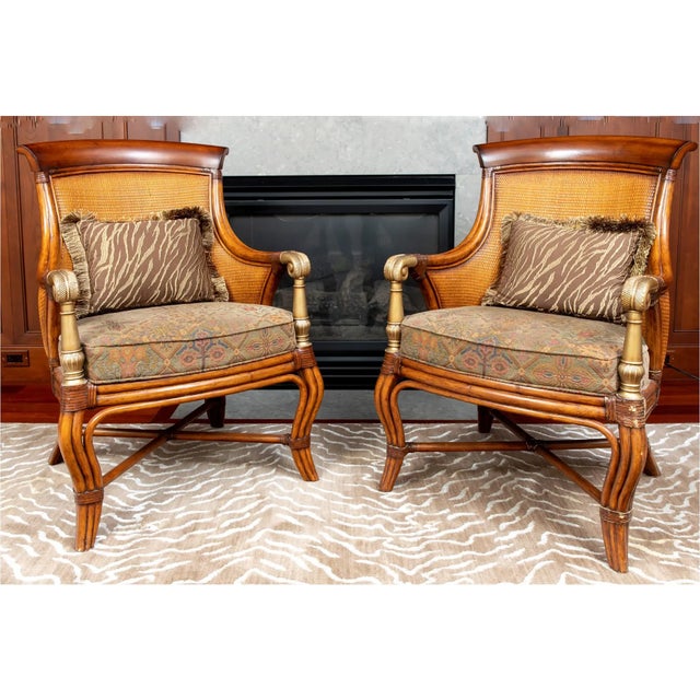 A Beautiful Pair of Mid 20th Century Vintage Ethan Allen Design Bermuda Rattan Armchairs With Carved Detailsetails For Sale - Image 4 of 8
