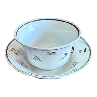 Antique Leeds Pearlware Cup and Saucer With Brown Foliate Decoration, Circa 1800 For Sale