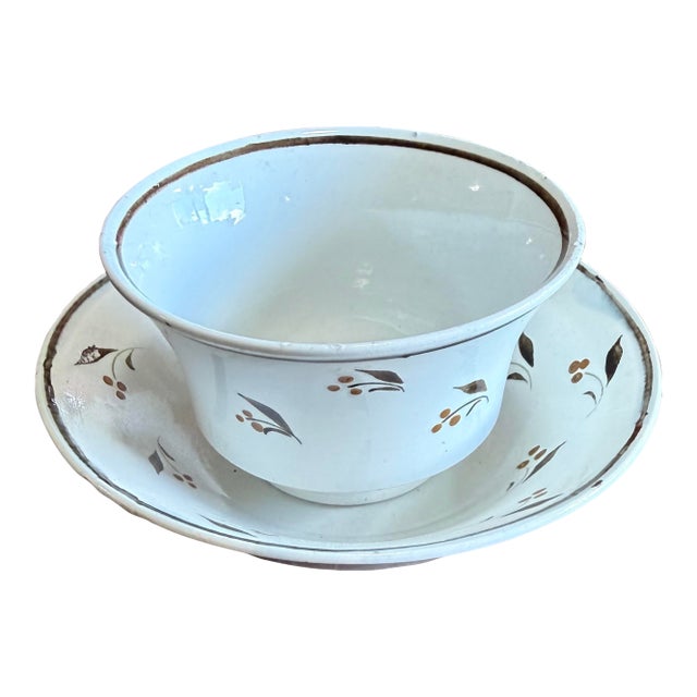 Antique Leeds Pearlware Cup and Saucer With Brown Foliate Decoration, Circa 1800 For Sale