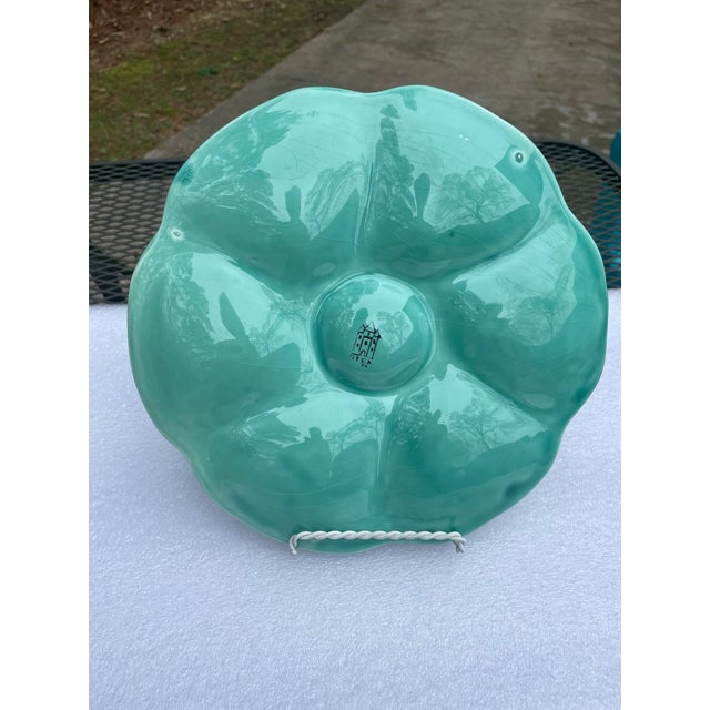 Turquoise 1940s French Gien Turquoise Majolica Oyster Plate For Sale - Image 8 of 11