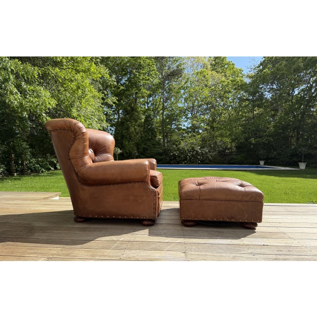 Traditional Chair and Ottoman Set in Saddle Toned Leather by Ralph Lauren For Sale - Image 3 of 17