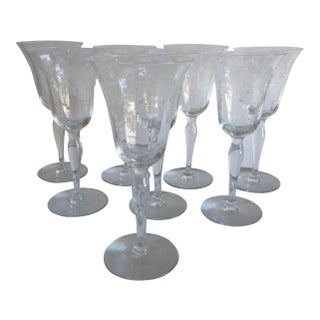 Vintage Clear Etched Floral Design Sherry Glasses S/8 For Sale