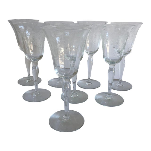 Vintage Clear Etched Floral Design Sherry Glasses S/8 For Sale
