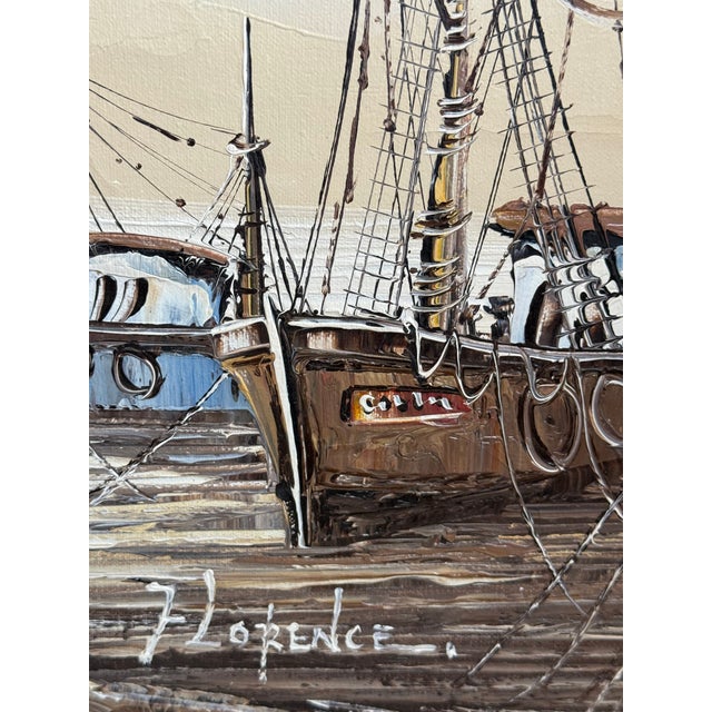 Vintage Signature Nautical Fishing Boat at Dock by Florence Wilkins Furst Original Oil on Canvas Painting For Sale In Washington DC - Image 6 of 12