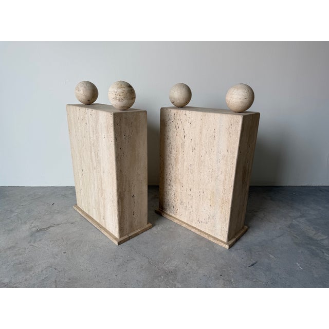 Striking 1980’s postmodern Italian dining table bases crafted in solid travertine. This sculptural pair features bold...