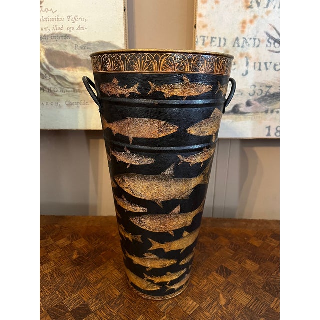 Cabin Vintage English Planter Jardiniere Urn Fish Decoupage Black Tole Lodge Décor For Sale - Image 3 of 18
