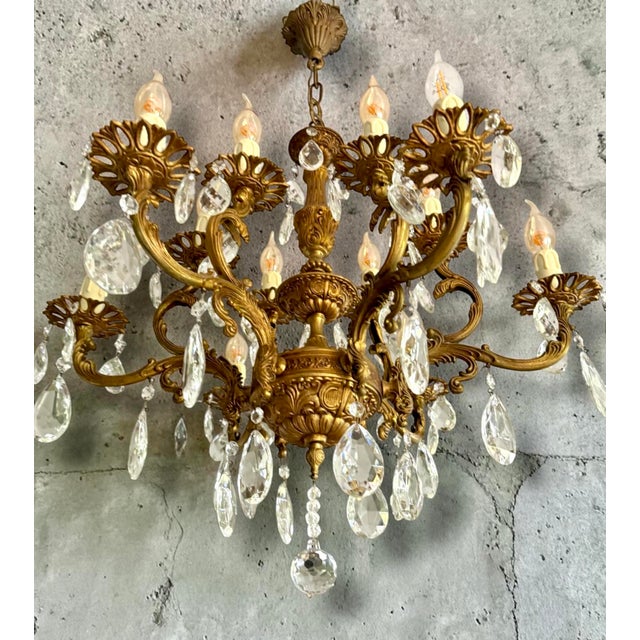 Antique Gilded 12-Light Crystal Chandelier, 1890s For Sale - Image 6 of 11