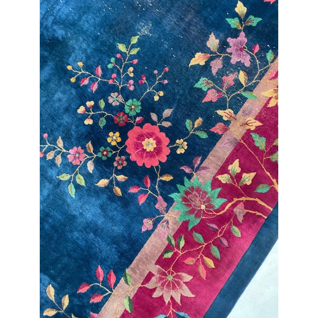 1920-1930's Antique Art Deco Asian Botanical Garden Magenta Berry Navy Purple Green Rug 9 2 X 11 8 For Sale In Milwaukee - Image 6 of 13