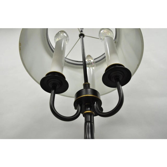 Vintage French Country Black Tole Metal Three Arm Candelabra Table Lamp With Shade For Sale - Image 12 of 14