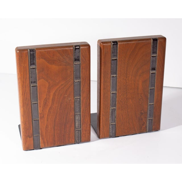 Mid-Century Modern Martz Marshall Studios Walnut and Ceramic Bookends, a Pair For Sale - Image 3 of 7