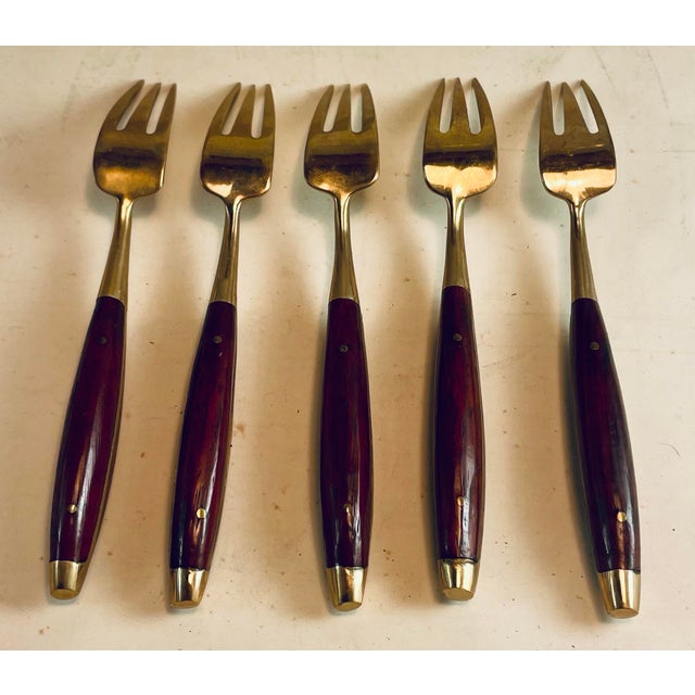 Mid 20th Century Rosewood & Brass Small Desert H'Ordreves Forks Flatware Set of 5 For Sale - Image 6 of 11