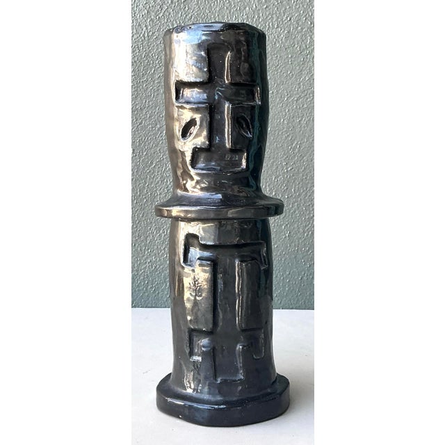 Black Vintage Glazed Ceramic Cross Vase For Sale - Image 8 of 12