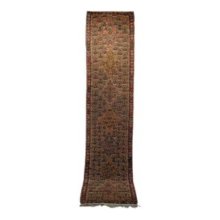Vintage Persian Senneh Kilim Runner Rug, Handwoven Wool, Paisley Pattern, Tan & Green, 3x11 For Sale