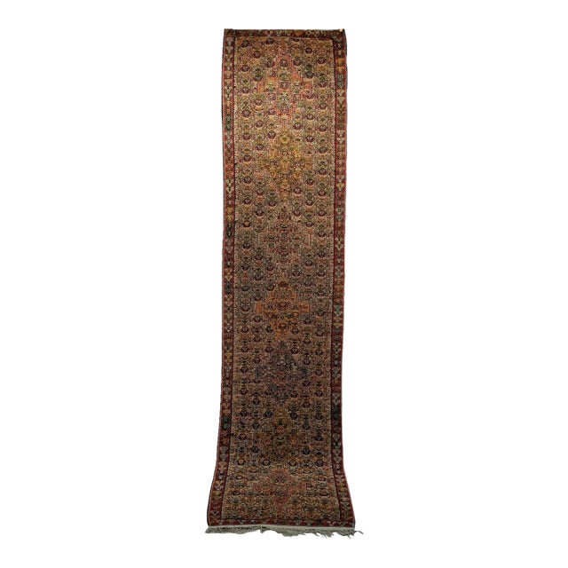Vintage Persian Senneh Kilim Runner Rug, Handwoven Wool, Paisley Pattern, Tan & Green, 3x11 For Sale