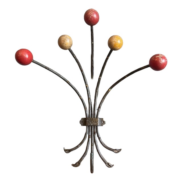 Vintage French Wall Coat Rack with Wooden Balls, 1960s For Sale