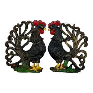 Mid-Century Farmhouse Rooster Chicken Cast Iron Sculpture - a Pair