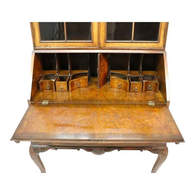 1900 - 1909 Burl & Carved Walnut Slant Front Marquetry Secretary Desk C1900 For Sale - Image 5 of 16