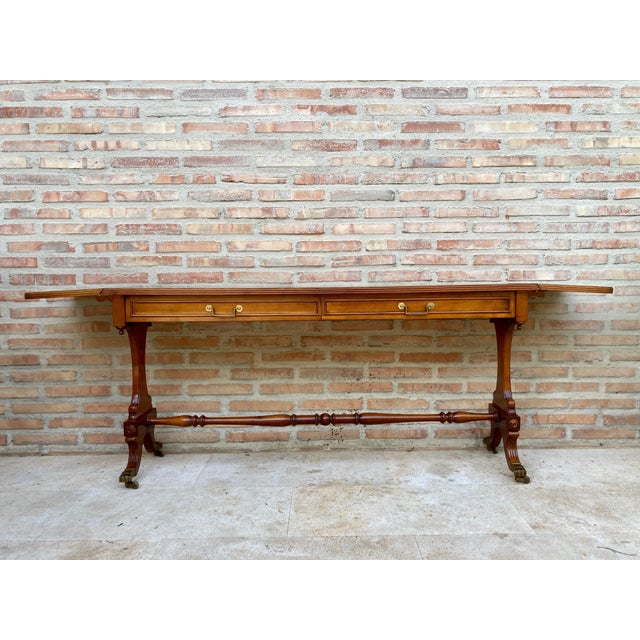 Mid 20th Century Winged Console Table in Walnut with Claw Feet in Bronze with Drawers and Wheels For Sale - Image 18 of 18