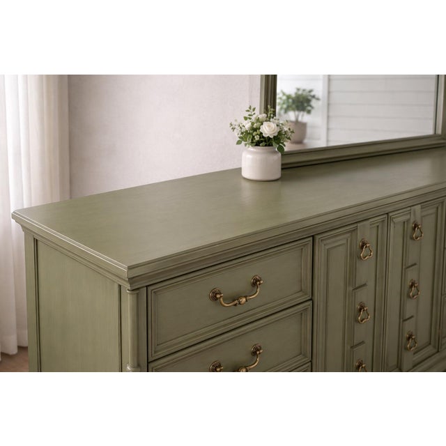 Vintage 70” Solid Wood Dresser & Mirror – Old Chapel Sagewood™ Finish – Olive Sage Green Designer Refinished Bedroom Piece For Sale In Los Angeles - Image 6 of 7