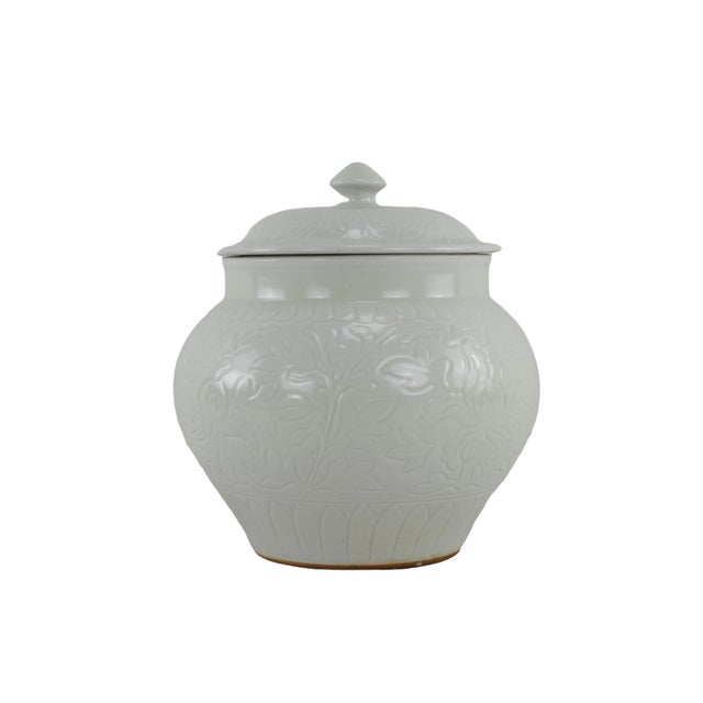 A Pair of Celadon-Carved Flowers in a Watermelon Jar, For Sale - Image 4 of 9