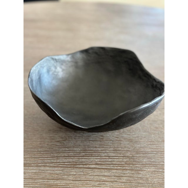 Organic Shaped Textured Blacken Metal Bowl Unique shape with three small pedestal legs