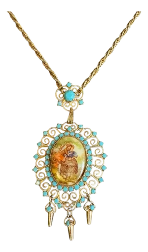 Vintage Juliana D & E Necklace Book Piece Courting Couple Transfer Cabochon Turquoise Vintage 60s