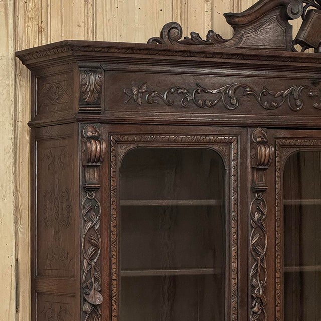 19th Century Renaissance Revival Hand-Carved Oak Triple Bookcase For Sale In Dallas - Image 6 of 18