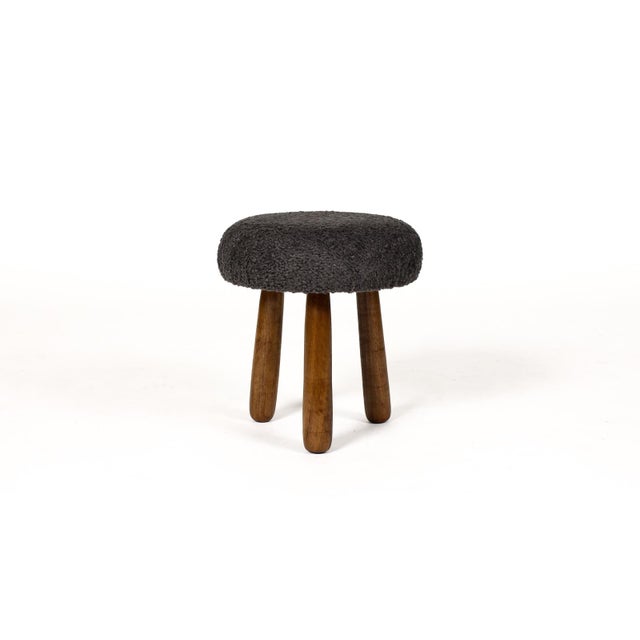 #1992 — Custom Awassi Tripod Ottoman / Footstool — Turned Walnut legs — Charcoal Gray Bouclé Custom made ottoman / foot...