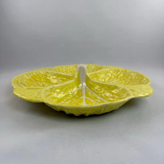 Realism Vintage Portuguese Secla Yellow Cabbageware Divided Relish Plate, 1970s Majolica Pottery For Sale - Image 3 of 8