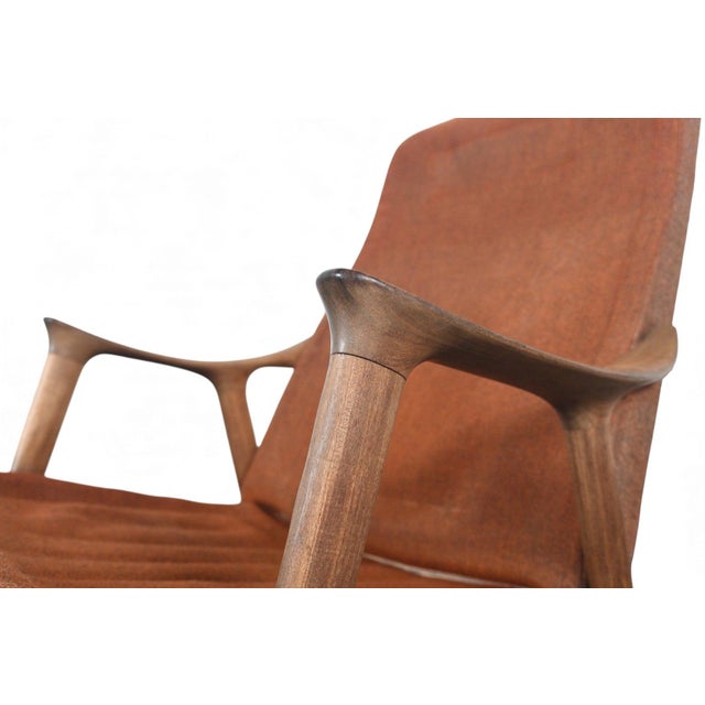 Ingmar Relling Mid 20th Century Sculptural Teak + Wool Rocking Chair Attributed to Ingmar Relling For Sale - Image 4 of 7