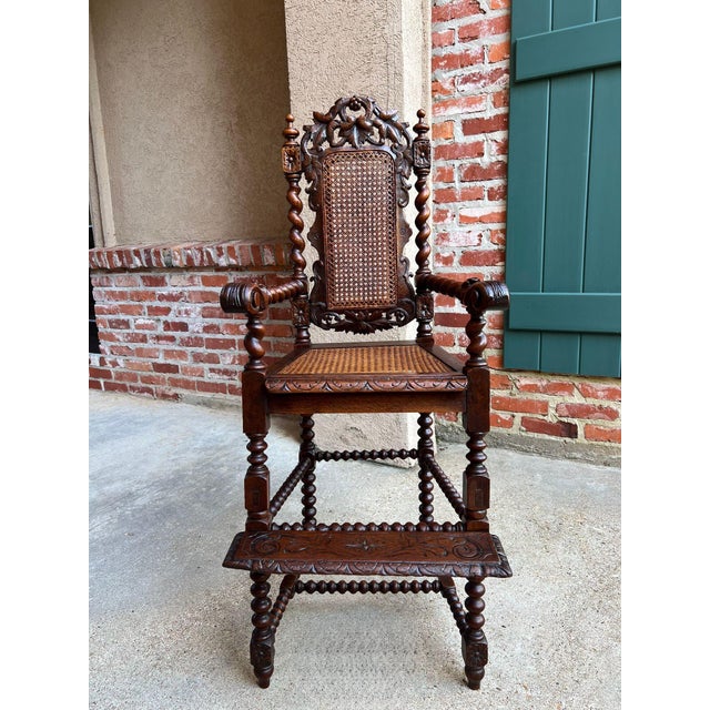 Antique French Child High Chair Renaissance Barley Twist Carved Oak Caned c1890. Direct from France, a rare and...