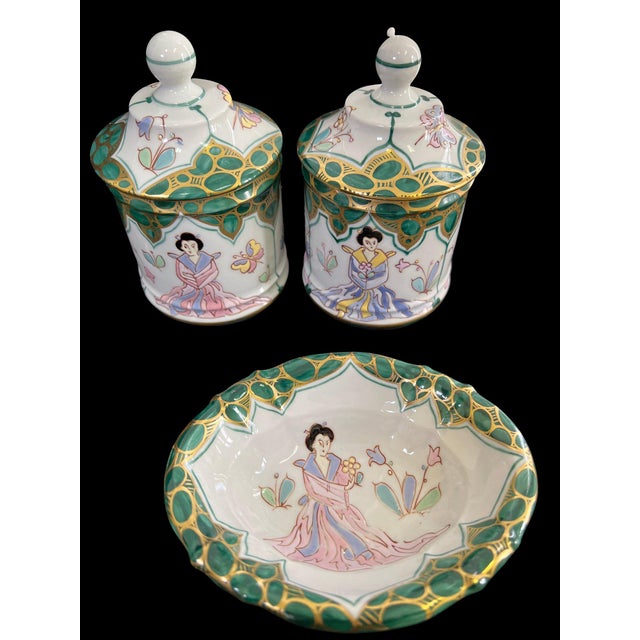 Vintage Sherle Wagner Italian Hand-Painted Chinoiserie 4-Piece Vanity Set - Malachite Green & 24K Gold - Rare Recessed TP...